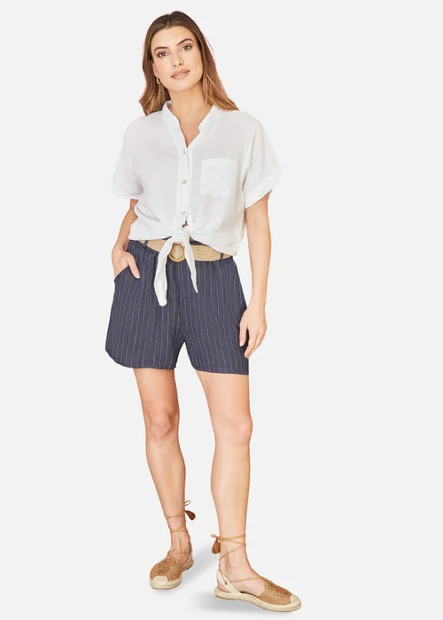 Yumi Navy Striped Italian Linen Shorts With Belt - S Image 1