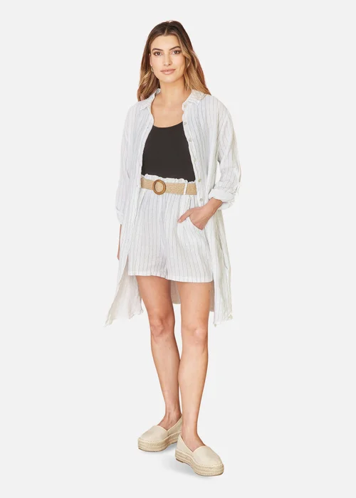 Yumi White Striped Italian Linen Shorts With Belt - S Image 1