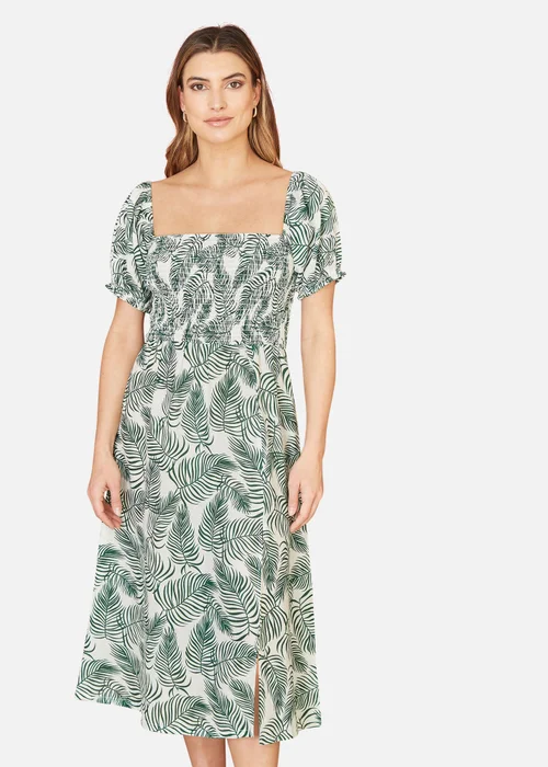 Yumi Green Organic Cotton Palm Print Midi Dress With Side Split - 8 Image 2