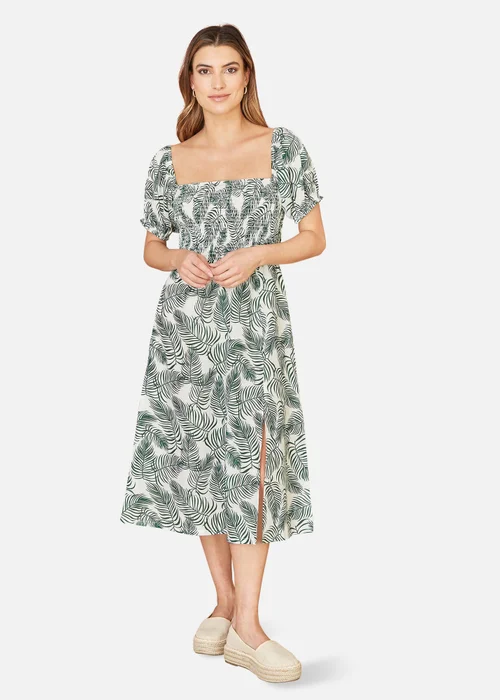 Yumi Green Organic Cotton Palm Print Midi Dress With Side Split - 8 Image 1
