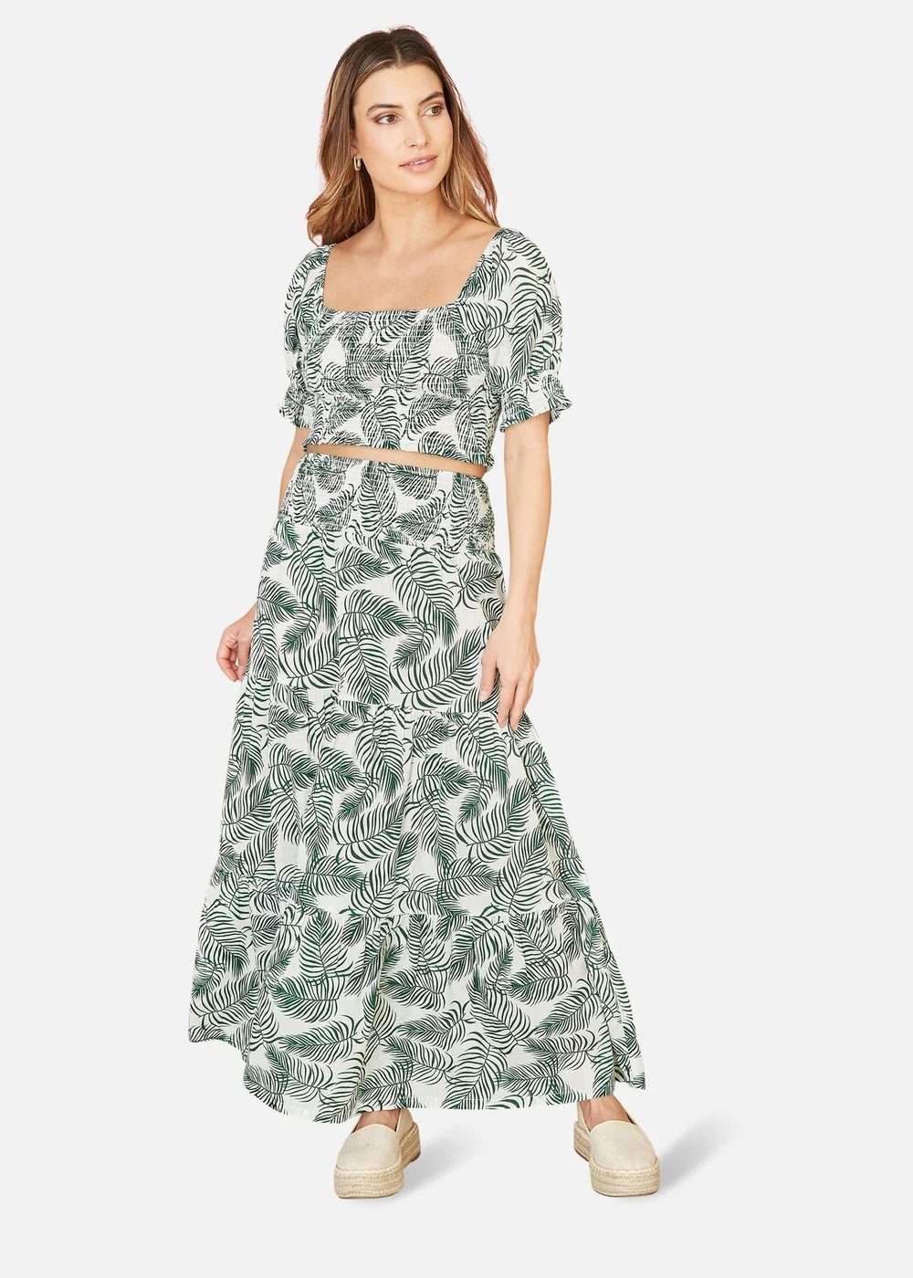 Yumi Green Cotton Voile Palm Leaf Ruched Waist Midi Skirt - Size 8 Image 1