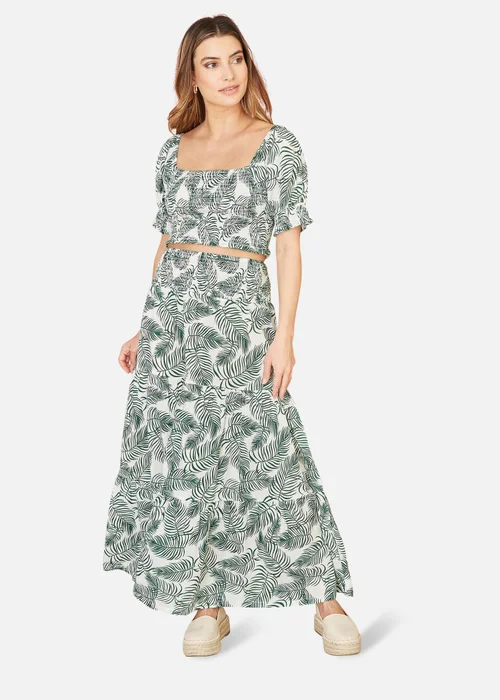Yumi Green Cotton Voile Palm Leaf Ruched Waist Midi Skirt - Size 8 Image 1