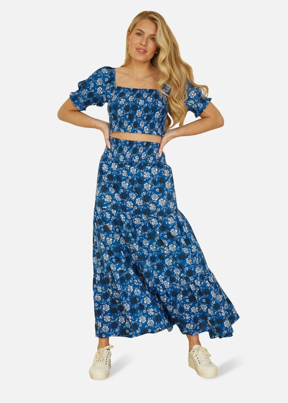 Yumi Blue Cotton Voile Floral Ruched Waist Midi Skirt - Size 8 Image 1