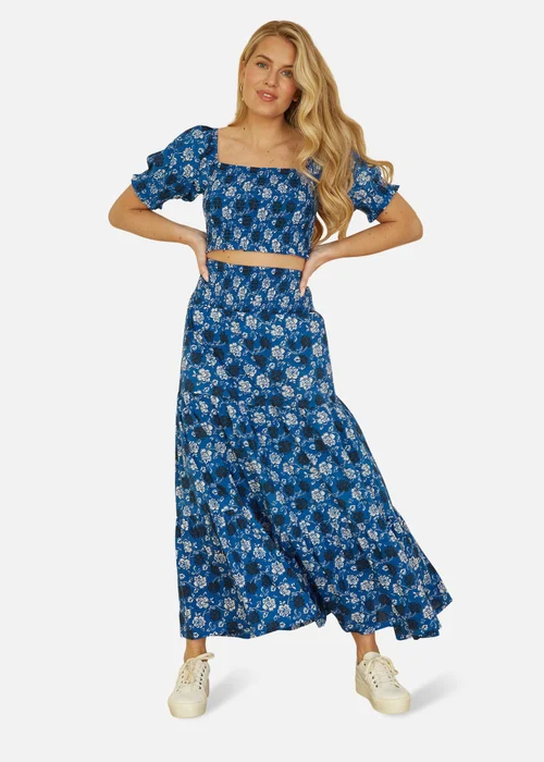 Yumi Blue Cotton Voile Floral Ruched Waist Midi Skirt - Size 8 Image 1
