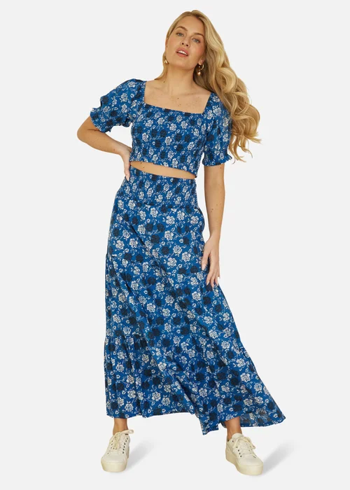Yumi Blue Cotton Voile Floral Ruched Crop Top - 8 Image 1