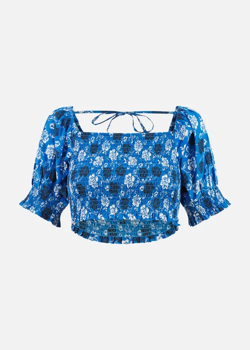 Yumi Blue Cotton Voile Floral Ruched Crop Top - 8 Image 3