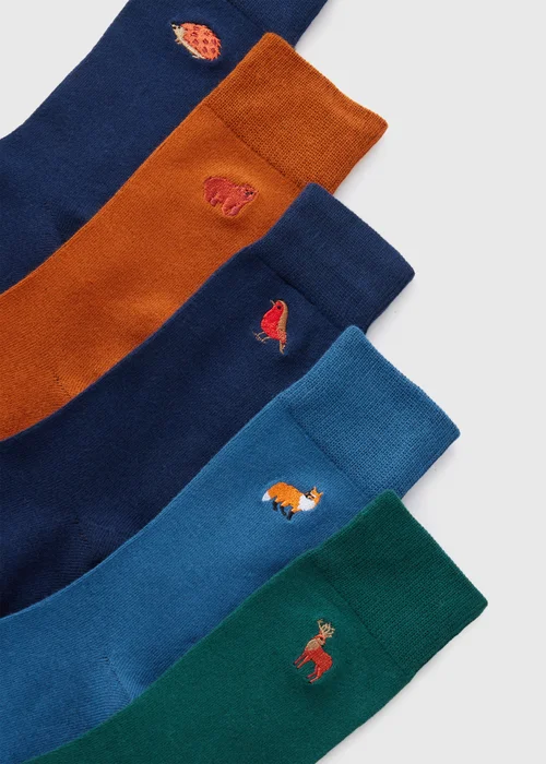 5 Pack Multicolour Woodland Embroidery Socks - 6-8.5 Image 2
