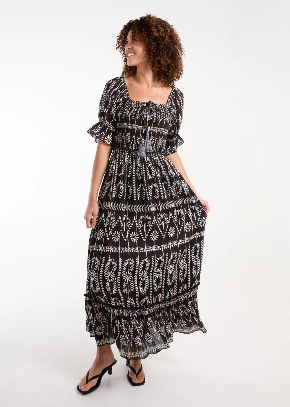 Blue Vanilla Black Milkmaid Shirred Square Neck Midi Dress - S Image 4