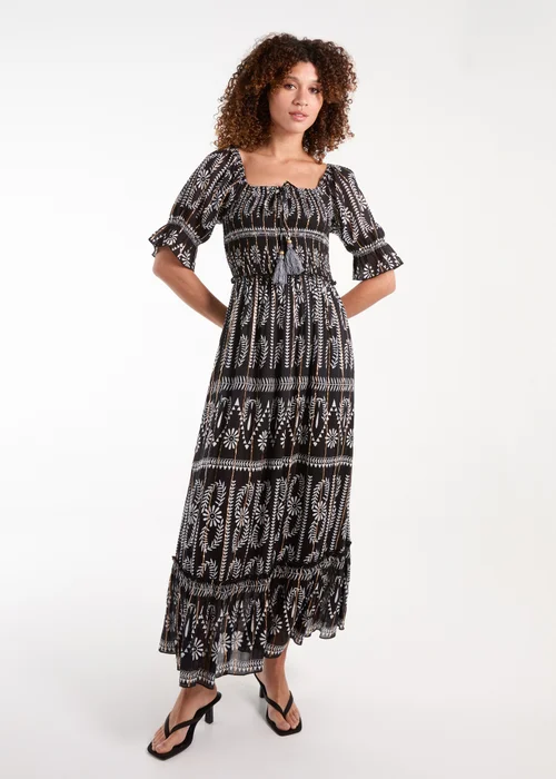 Blue Vanilla Black Milkmaid Shirred Square Neck Midi Dress - S Image 1