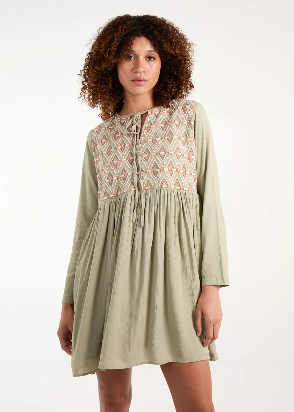 Blue Vanilla Khaki Embroidered Tunic Dress - S Image 1