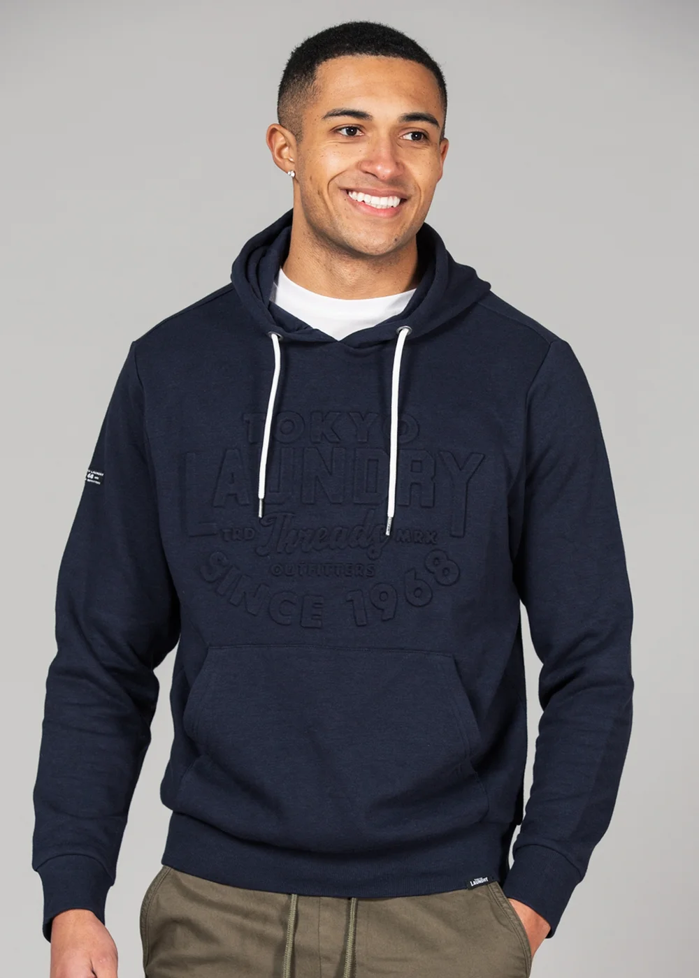 Tokyo Laundry Navy Cotton Blend Embossed Drawstring Hoody - S Image 1