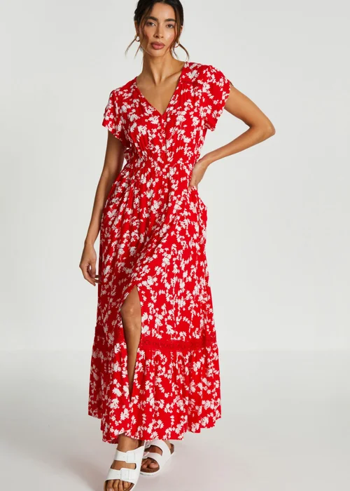 Quiz Red Ditsy Floral Crochet Trim Maxi Dress - 8 Image 1