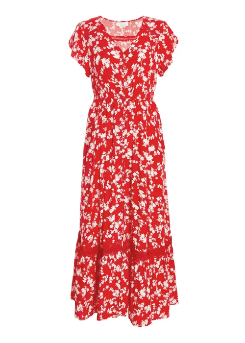 Quiz Red Ditsy Floral Crochet Trim Maxi Dress - 8 Image 4