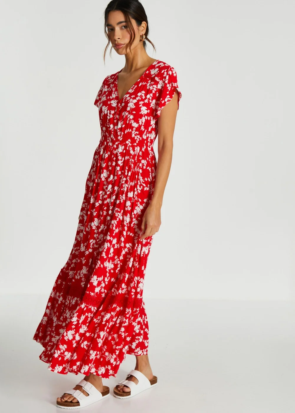 Quiz Red Ditsy Floral Crochet Trim Maxi Dress - 8 Image 3