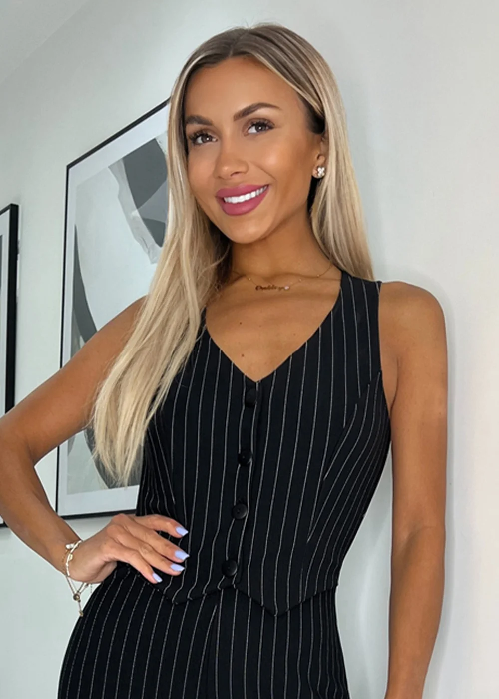 AX Paris Black Pinstripe Waistcoat Detail Wide Leg Jumpsuit - Size 8 Image 3
