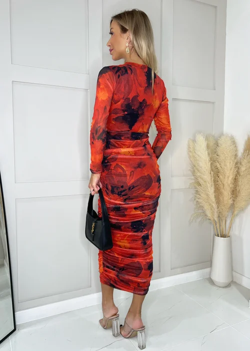 AX Paris Red Printed Mesh Long Sleeve Bodycon Midi Dress - 8 Image 2