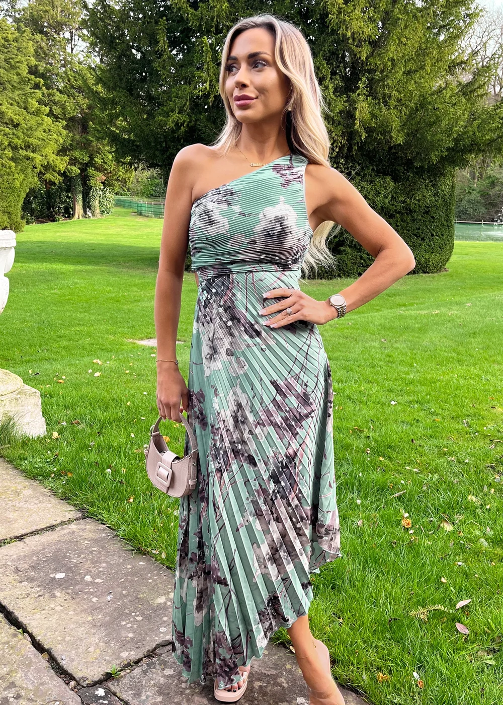 AX Paris Duck Egg Printed One Shoulder Pleated Midi Dress - 8 Image 4