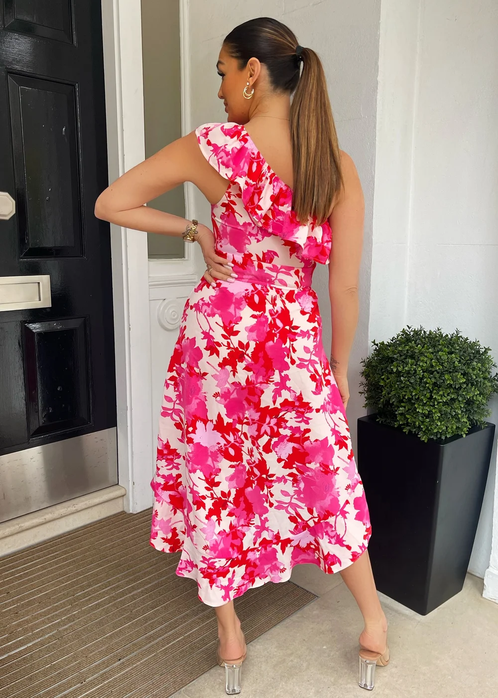 AX Paris Pink Floral One Shoulder Frill Dipped Hem Dress - 8 Image 2