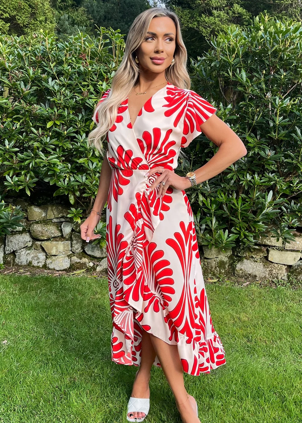 AX Paris Orange Abstract Print Wrap Over Hem Midi Dress - 8 Image 1