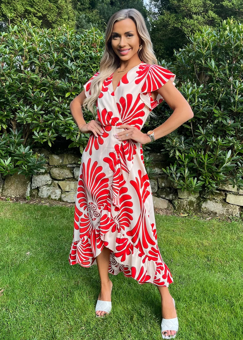AX Paris Orange Abstract Print Wrap Over Hem Midi Dress - 8 Image 4