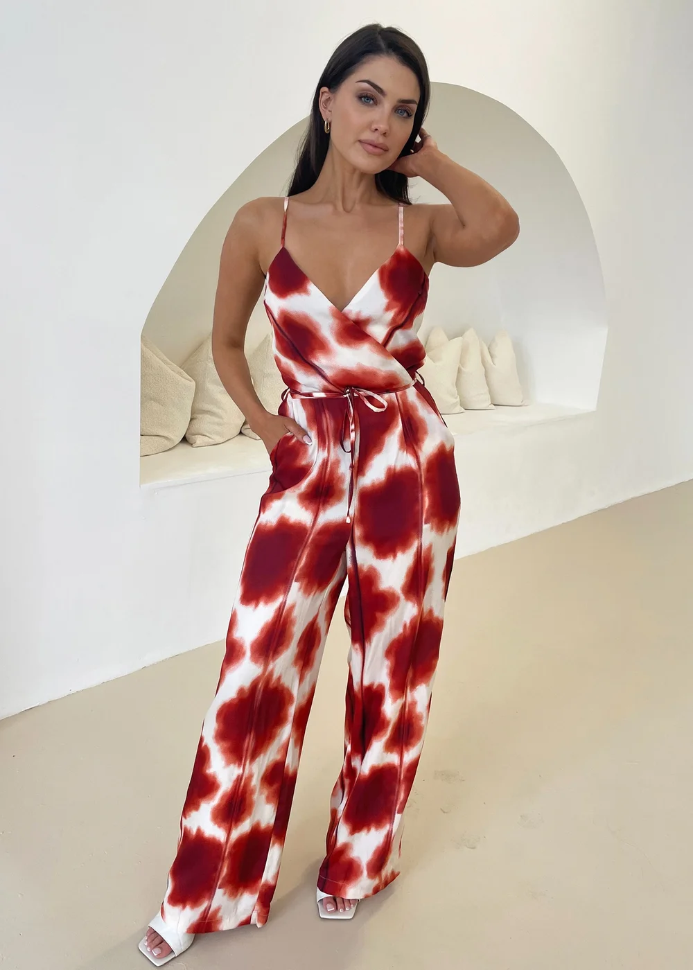 AX Paris Red Printed Strappy Tie Waist Jumpsuit - Size 8 Image 1