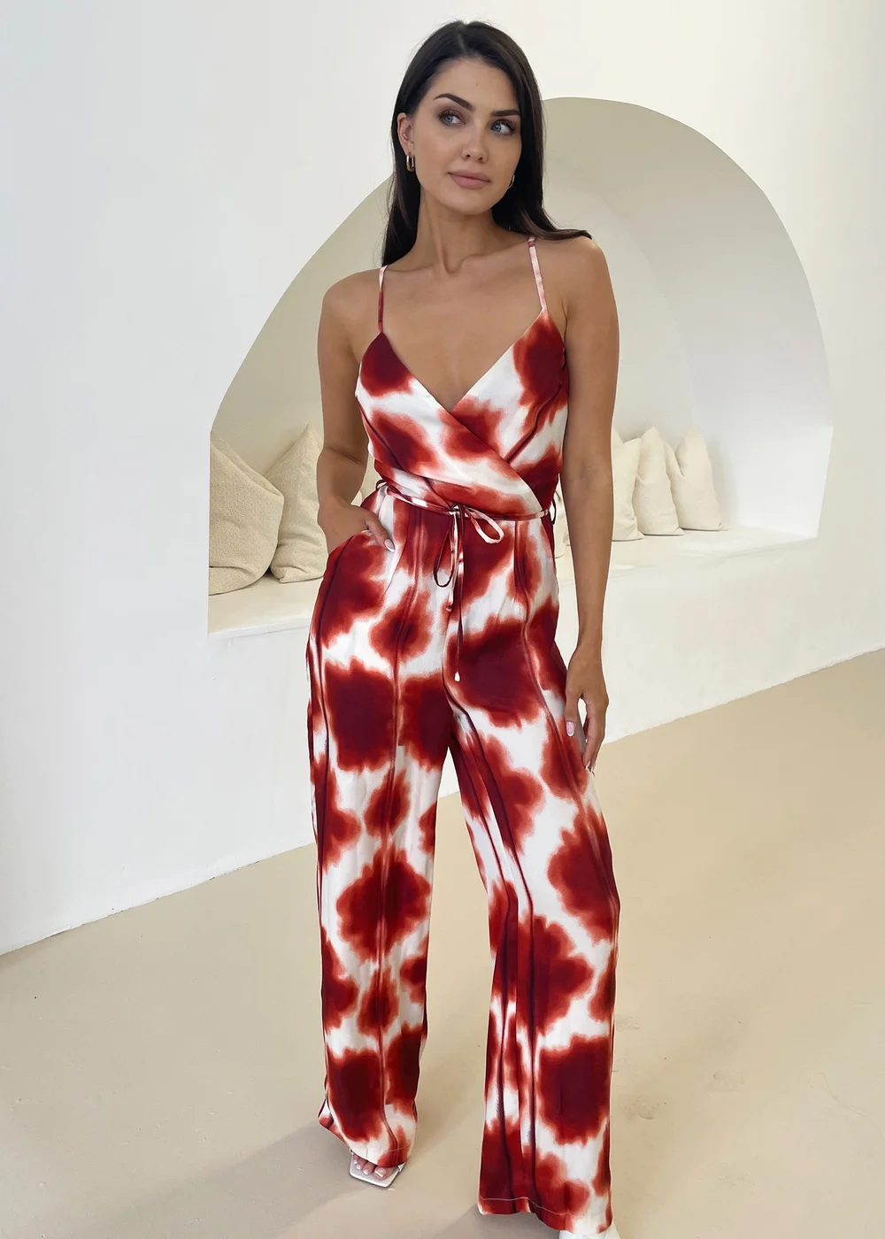 AX Paris Red Printed Strappy Tie Waist Jumpsuit - Size 8 Image 4