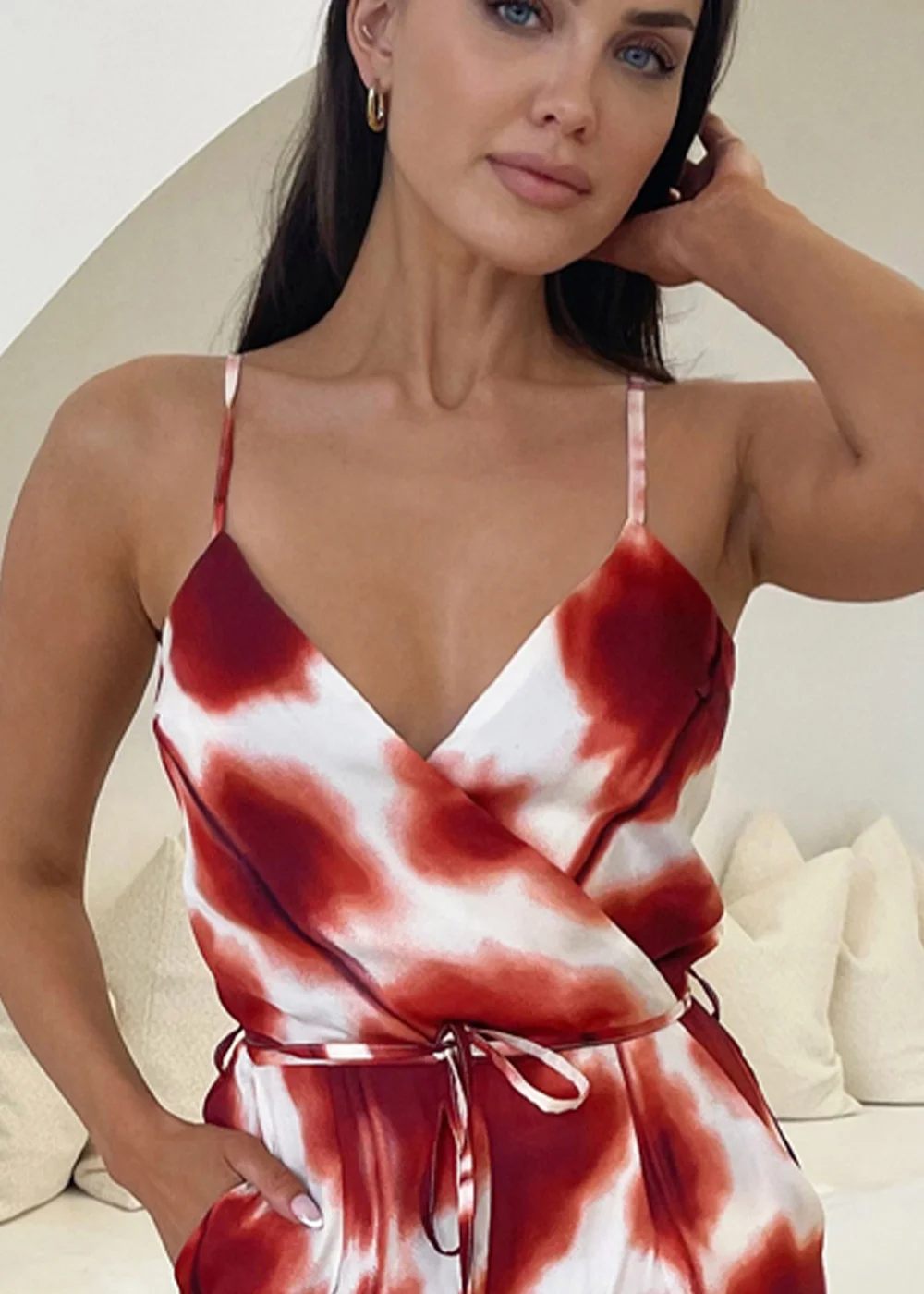 AX Paris Red Printed Strappy Tie Waist Jumpsuit - Size 8 Image 3