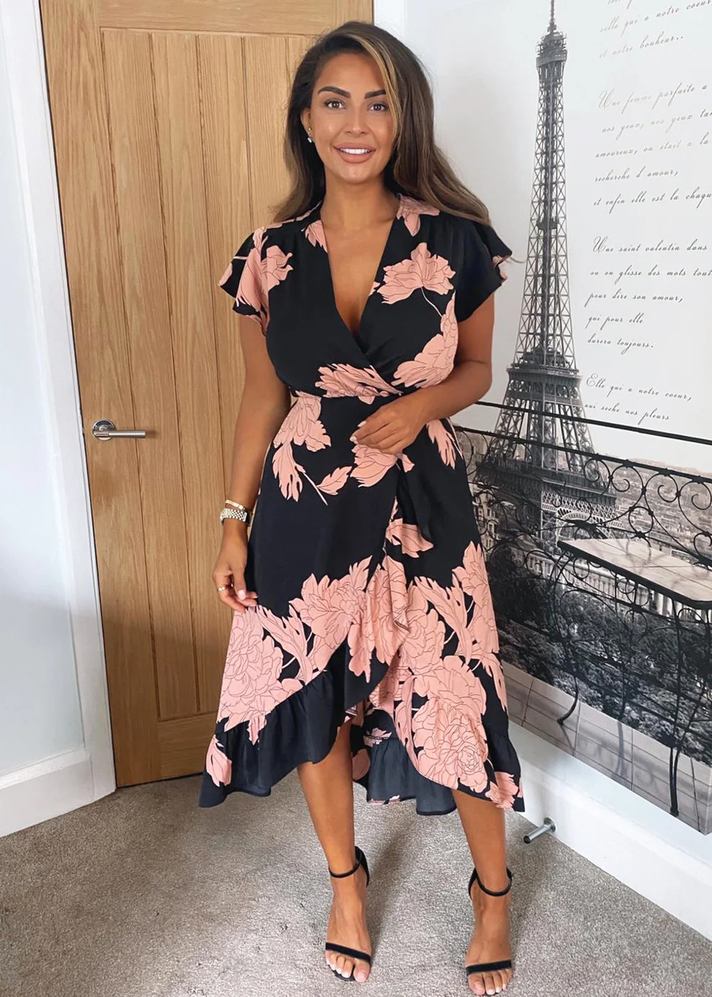 AX Paris Black Floral Print Wrap Midi Dress - 8 Image 4