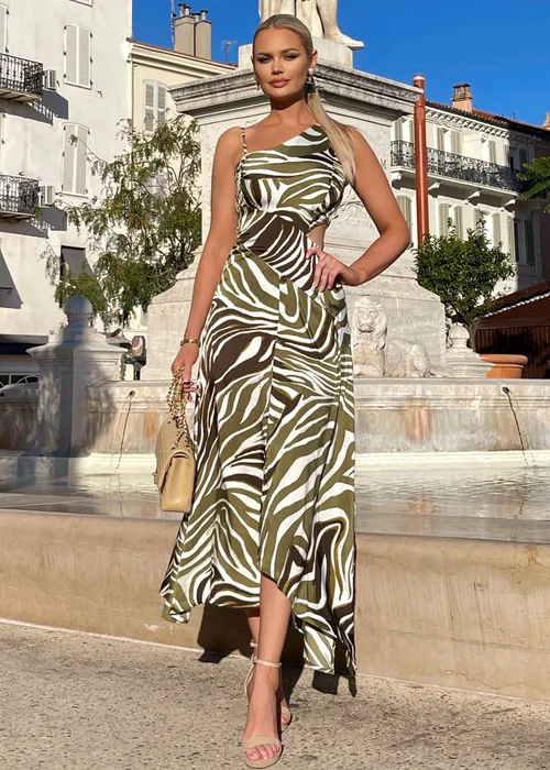 AX Paris Olive Print Asymmetric Cut Out Midi Dress - 8 Image 1