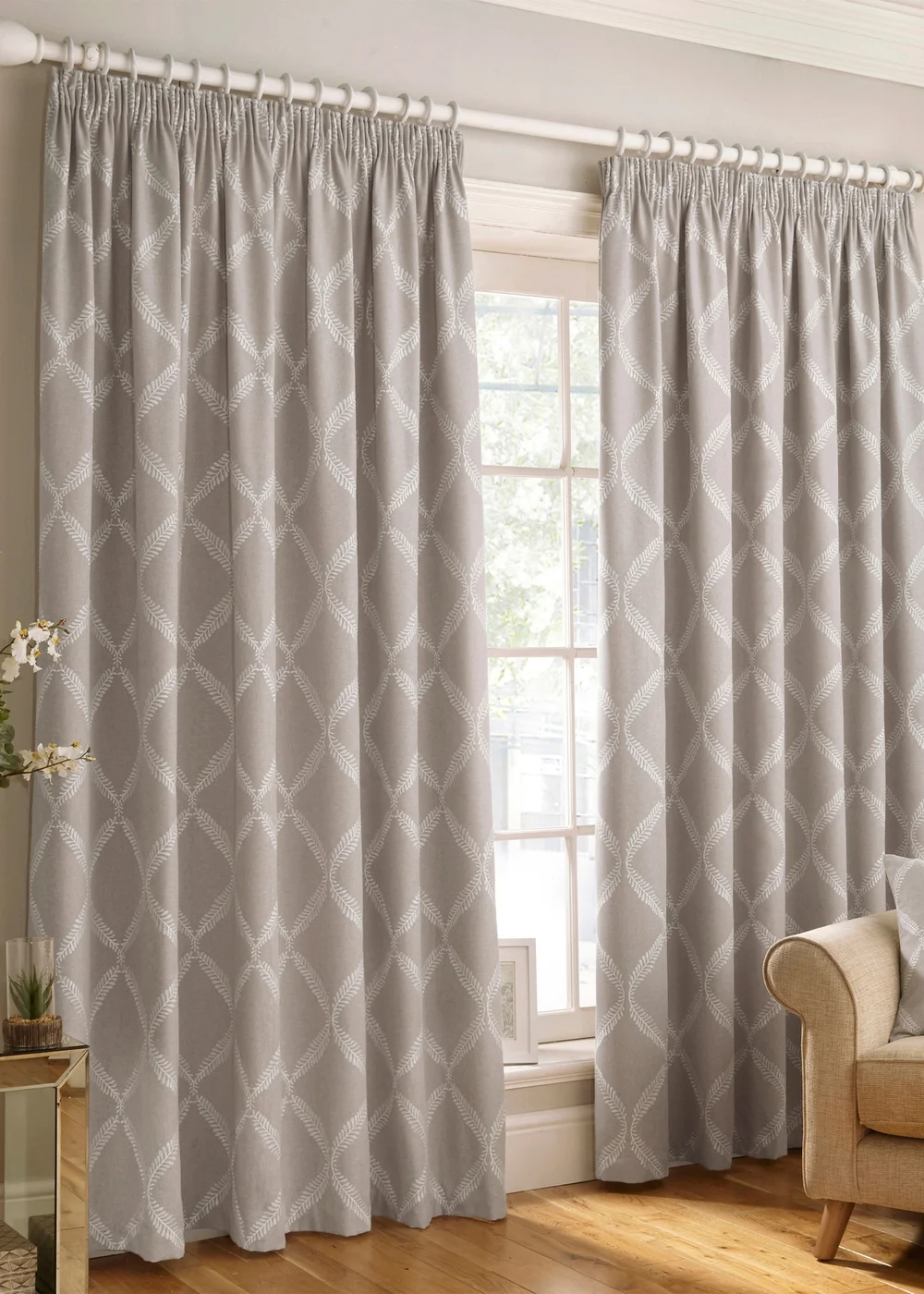 Paoletti Olivia Lattice Embroidery Pencil Pleat Curtains - 46W X 54D (117x137cm) Image 1