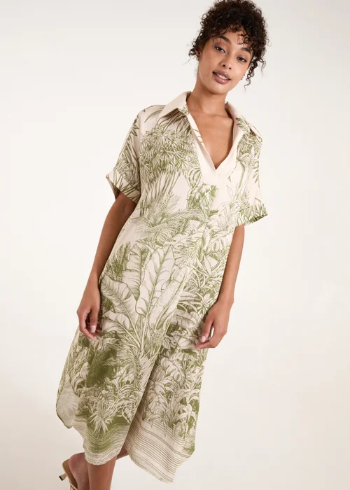 Blue Vanilla Khaki Palm Leaf Open Collar Dress - One Size Image 4