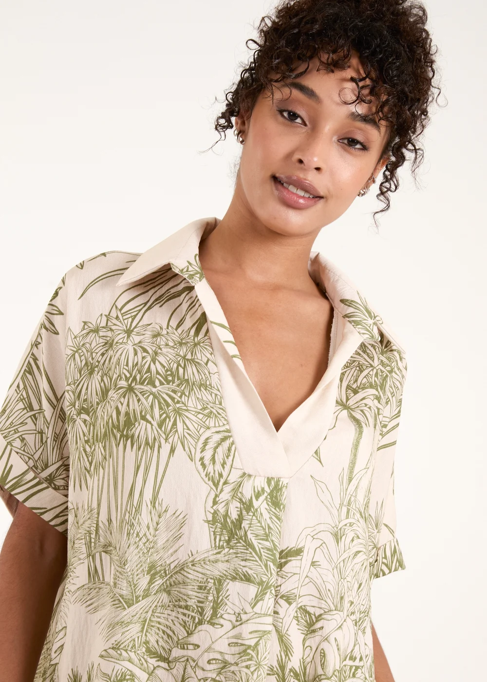 Blue Vanilla Khaki Palm Leaf Open Collar Dress - One Size Image 3