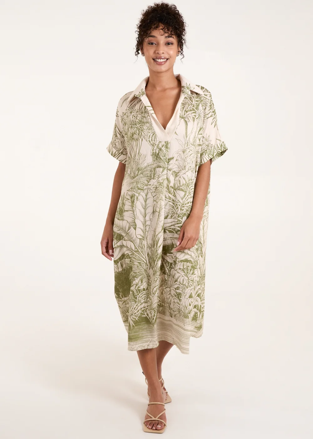 Blue Vanilla Khaki Palm Leaf Open Collar Dress - One Size Image 1