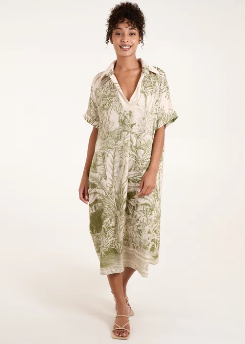 Blue Vanilla Khaki Palm Leaf Open Collar Dress - One Size Image 1