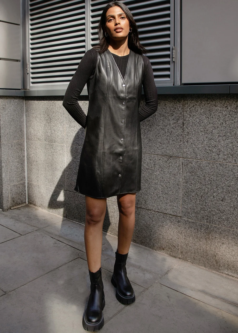 black leather dress uk Buy Lipsy Black Faux Leather V Neck Midi Dress from the Next UK online shop