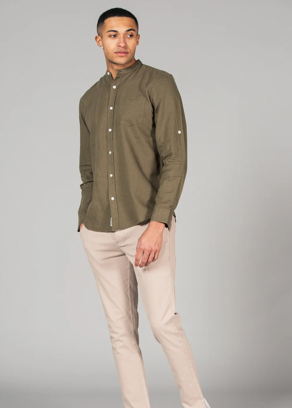 Tokyo Laundry Green Linen Blend Button-Up Shirt with Grandad Collar - S Image 3