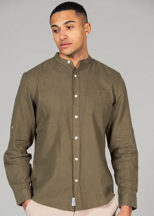 Tokyo Laundry Green Linen Blend Button-Up Shirt with Grandad Collar - S Image 1