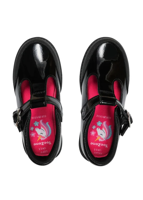 ToeZone Girls Black Clover Patent Coated Leather T-Bar Flower School Shoe (Younger 8 - Older 2) - 1 Infants Image 3
