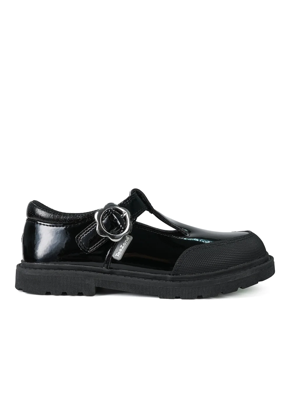 ToeZone Girls Black Clover Patent Coated Leather T-Bar Flower School Shoe (Younger 8 - Older 2) - 1 Infants Image 2