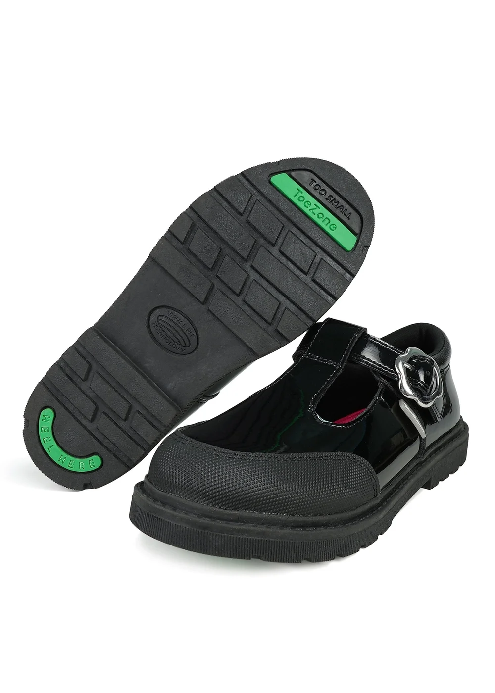 ToeZone Girls Black Clover Patent Coated Leather T-Bar Flower School Shoe (Younger 8 - Older 2) - 1 Infants Image 1