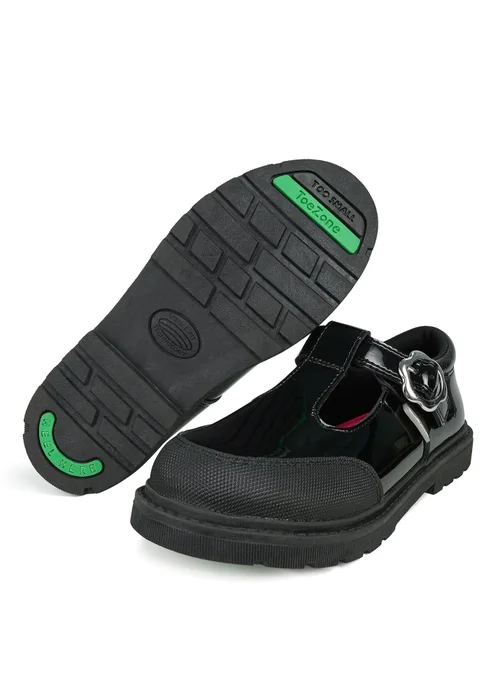 ToeZone Girls Black Clover Patent Coated Leather T-Bar Flower School Shoe (Younger 8 - Older 2) - 1 Infants Image 1