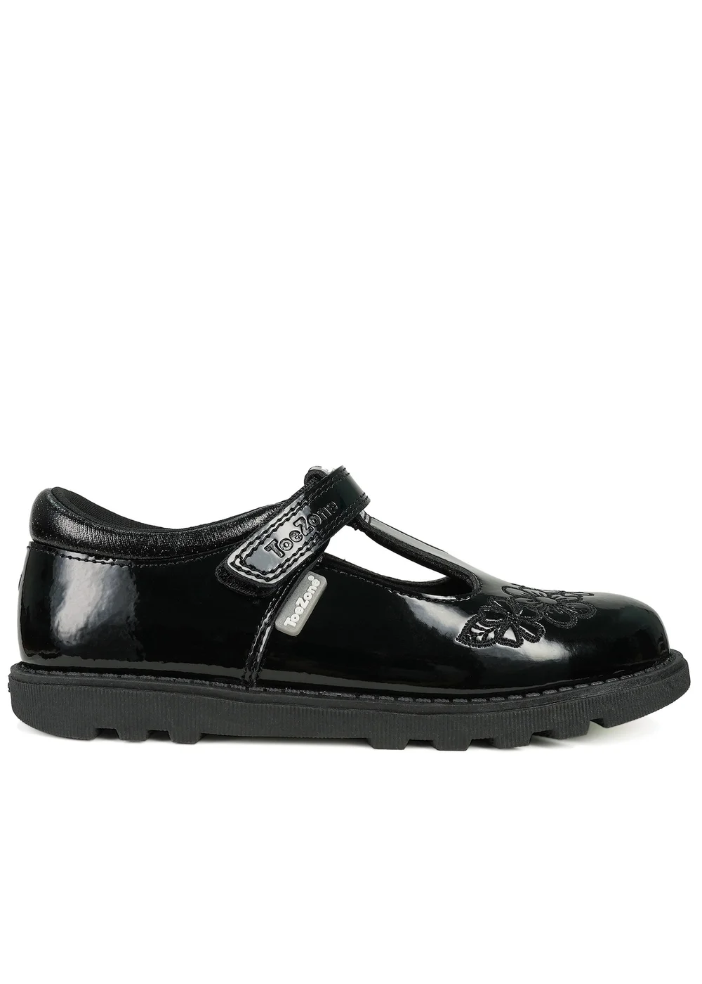ToeZone Girls Black Flo Patent Leather Rip Tape Flower School Shoe (Younger 6 - 13) - 8 infants Image 2