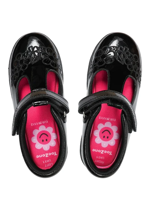ToeZone Girls Black Flo Patent Leather Rip Tape Flower School Shoe (Younger 6 - 13) - 8 infants Image 3