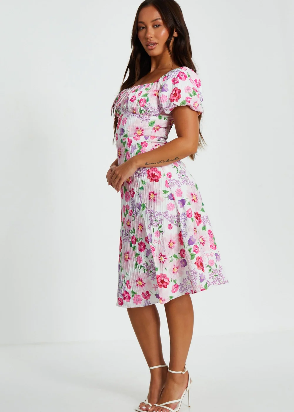 Quiz White Petite Floral Puff Sleeve Mini Dress - 6 Image 3