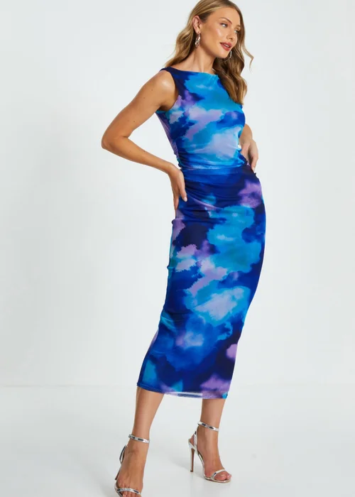 Quiz Blue Mesh Tie Dye Print Midaxi Dress - 6 Image 3