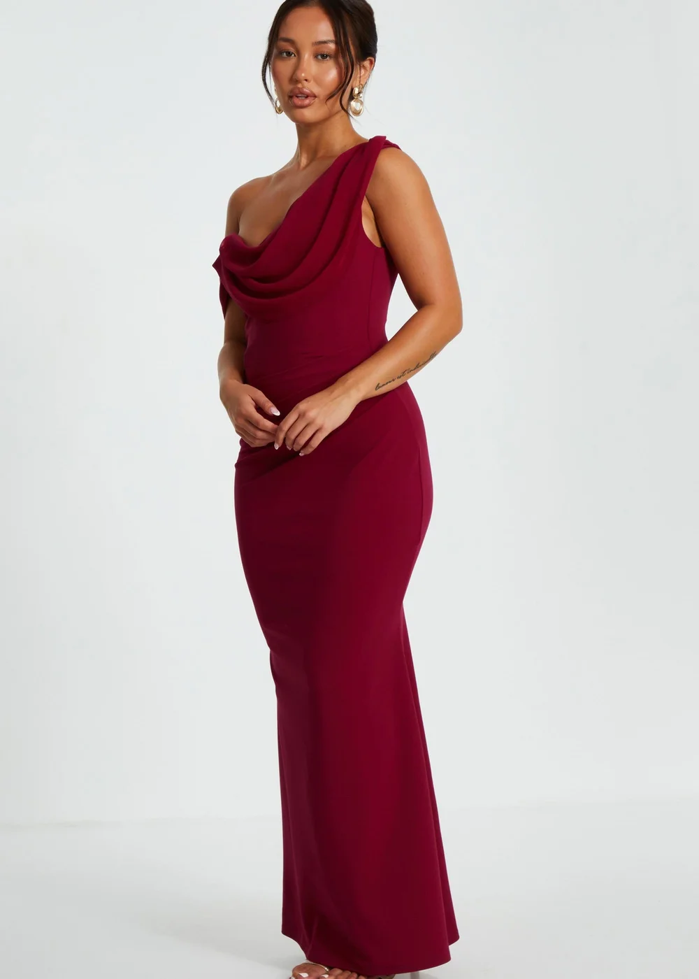 Quiz Red Petite Asymmetric Cowl Neck Maxi Dress - 4 Image 3