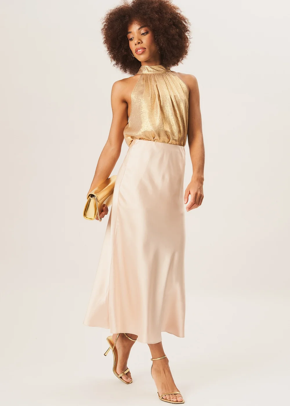 Gini London Beige Satin Bias Cut Midi Skirt - Size 8 Image 4