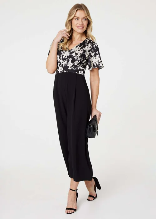 Izabel London Black Floral Block Print Wide Leg Jumpsuit - Size 8 Image 4