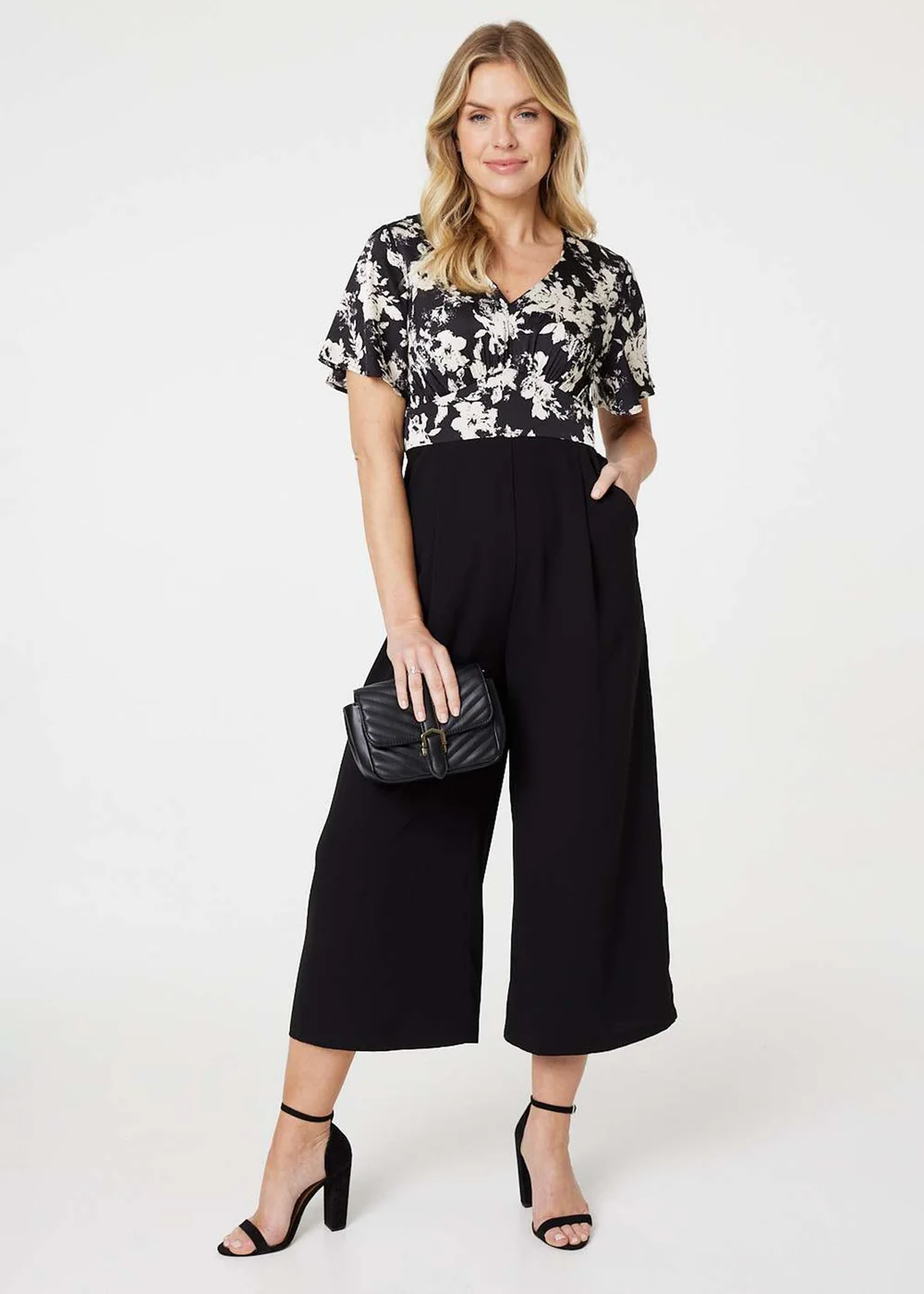 Izabel London Black Floral Block Print Wide Leg Jumpsuit - Size 8 Image 1