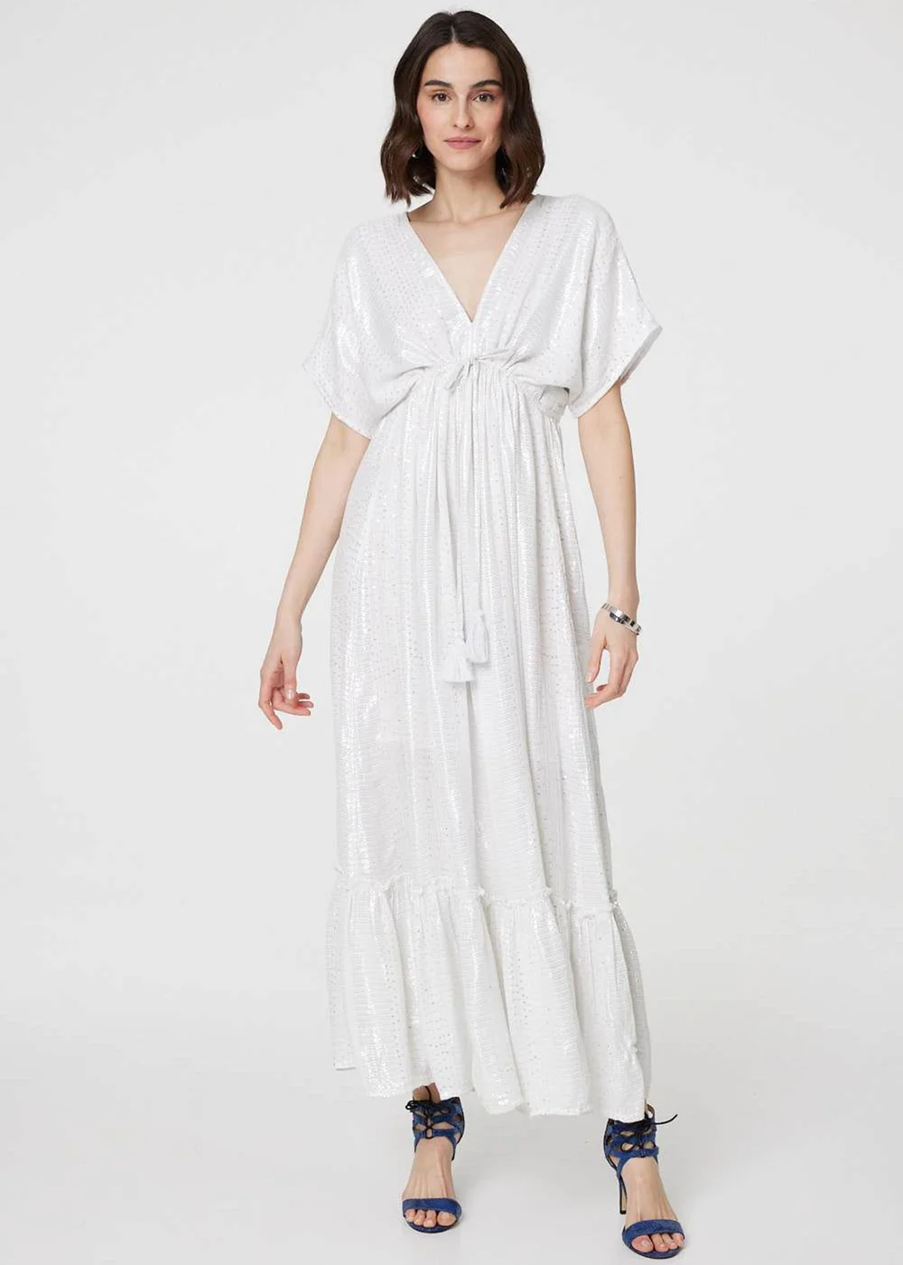 Izabel London White Dotty Empire Waist Kimono Maxi Dress - 10 | Matalan Izabel London White Dotty Empire Waist Kimono Maxi Dress - 10 | Matalan